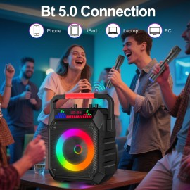 Karaoke Machine, Portable Wireless Speaker with 2 Wireless Microphones for Adults and, Light Effects, Auto-Tune DSP Chip, LED Display Screen, Supports TWS/TF Card/USB/AUX Live Streaming Functionality, for home Entertainment