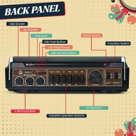 Vintage Radio with Wireless Connection, AM/FM/SW, USB and SD Card Connection, and Two-Way Speaker System with Cassette Player
