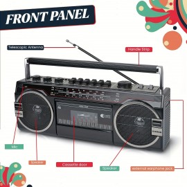 Vintage Radio with Wireless Connection, AM/FM/SW, USB and SD Card Connection, and Two-Way Speaker System with Cassette Player