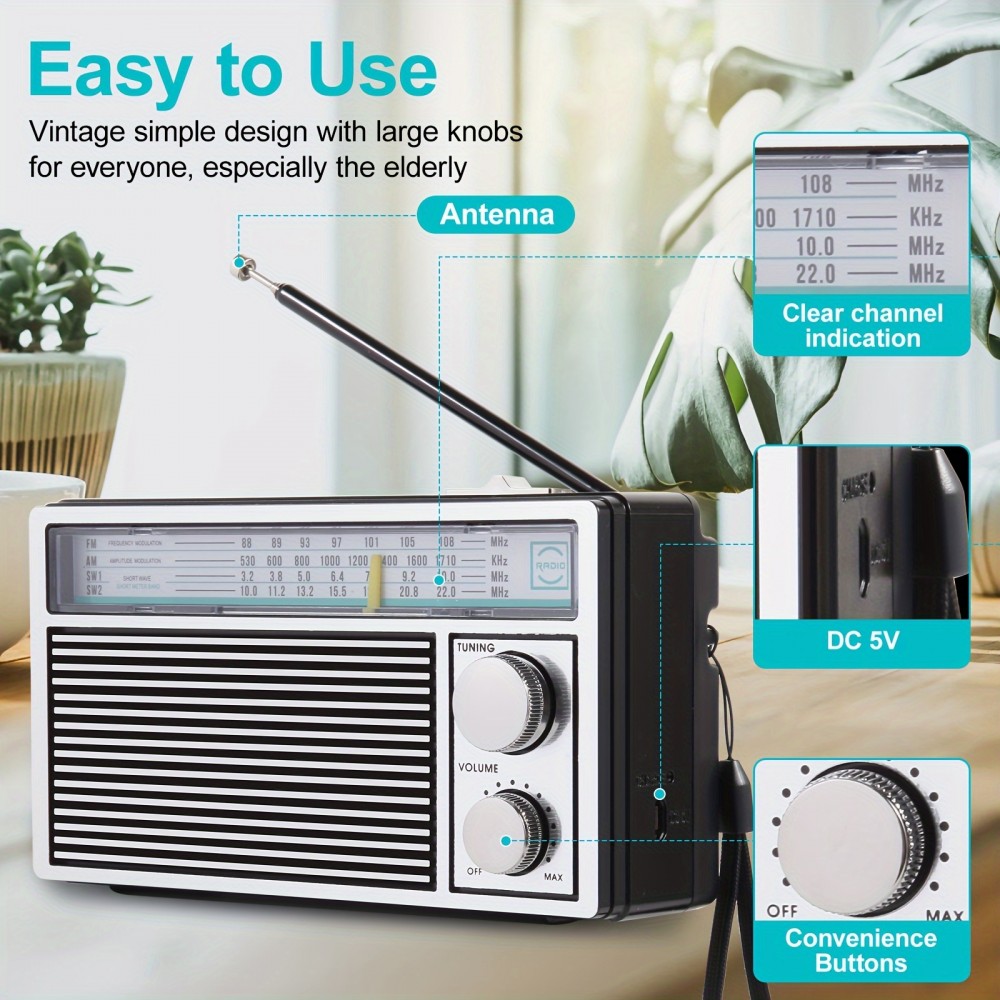 A Vintage Portable Radio for Seniors Featuring AM, FM, And SW Bands, This Stylish Retro Radio Is Suitable for Both Indoor And Outdoor Use, And Is Ideal for Emergencies, Complete with a Speaker And Headphone Jack.