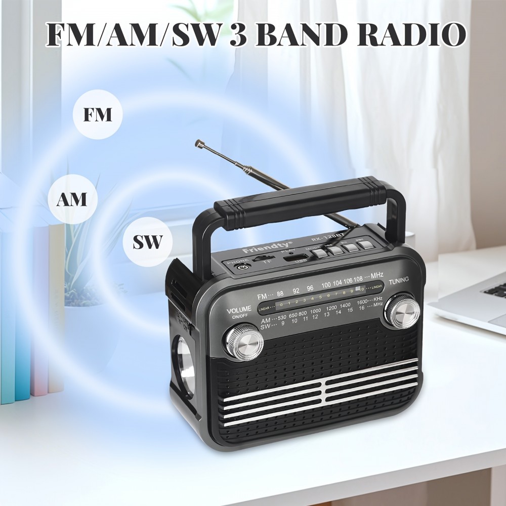 128BT Portable All-Band Radio with FM/AM/SW1-6, USB/TF/BT Connectivity, Dual Power (Battery/USB), Loud Speaker & Headphone Jack, Digital Display, Ergonomic Handle & Protective Grille - Indoor/Outdoor Multi-Wave Receiver with AM/FM/SW1-6 Tuning, USB/TF/BT Streaming, Battery/USB Power Options, Compact & Portable Design for Home, Travel, Camping, Emergencies - Ideal for Music & News Use, USB Radio Portable