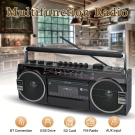 Retro-style Multifunction Radio 2 Way Speaker System W/Wireless Connectivity, USB, SD, FM, AM, SW, AUX, & Cassette Player, W/ FF/REW/REC Function, Black
