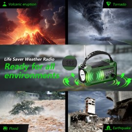 36800mwh 1 pack Emergency Radios for Families with AM/FM, 3-Way Charging (Hand Crank/Solar/USB), Kid-Friendly SOS Alarm, Flashlight, Reading Light, Thermometer, Compass & 10000mAh Power Bank - Peace of Mind for Every Home