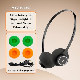 bosdd Retro Wireless Over-Ear Headphones Wireless, 15H Battery, 52g Lightweight, Touch Control, Noise-Free Sound, -C, Compatible with iPhone/, Painless Fit for Music, Sports, Gaming (Black/Yellow) - Low Latency