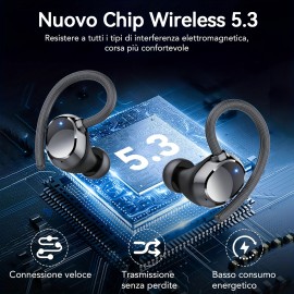 Wireless Headphones, High-fidelity Stereo Sports Wireless 5.3 In-ear Headphones with Hook, 48H Deep Bass, LED Display, Noise Reduction, Built-in Running Microphone