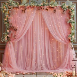 2pcs Champagne Tulle Backdrop Decor - 5.2x10ft, Sheer, with Lights String for Parties, Wedding, Birthday, Photo Shoots
