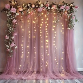 2pcs Champagne Tulle Backdrop Decor - 5.2x10ft, Sheer, with Lights String for Parties, Wedding, Birthday, Photo Shoots