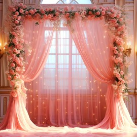 2pcs Champagne Tulle Backdrop Decor - 5.2x10ft, Sheer, with Lights String for Parties, Wedding, Birthday, Photo Shoots