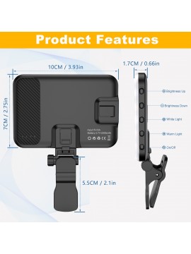 60 LED Portable Clip-On Video Light with 2200mAh Rechargeable, 7 Lighting Modes & 10-Level Dimmer, - Selfie Light for iPhone//DSLR/Action Cameras, Vlogging, YouTube Recording, Smartphones & Tablets