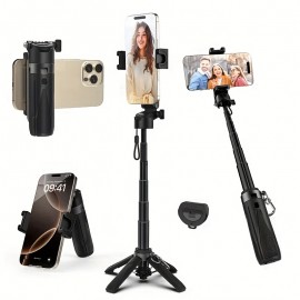 16-inch Extendable Selfie Stick with Wireless Remote, Smartphone Quadpod Tripod with 360° Rotation, One-Touch Expandable Quadpod Stand, DSLR-Style Handle, Ideal for Concerts, Backpacking, Hiking, Desktop Live Streaming, and More. Suitable for iPhone/Samsung/Android Smartphones, Selfie Stick for Phone Travel, Wireless Selfie Stick, Selfie Stick with Remote, Remote Control Selfie Stick, Hiking Accessory, Live Streaming Tool, Extendable Design, Compact Tripod,