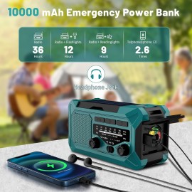 36800mwh 1 pack Emergency Radios for Families with AM/FM, 3-Way Charging (Hand Crank/Solar/USB), Kid-Friendly SOS Alarm, Flashlight, Reading Light, Thermometer, Compass & 10000mAh Power Bank - Peace of Mind for Every Home