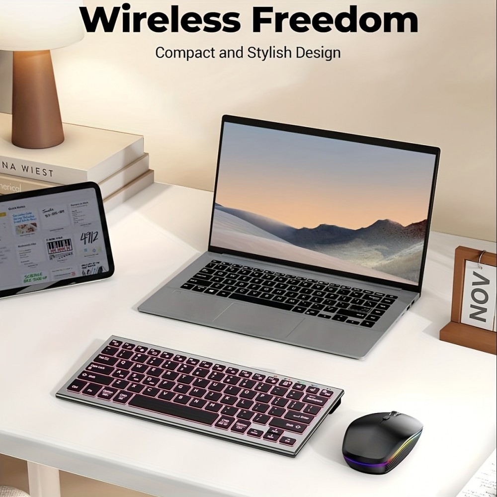 Portable Bluetooth Keyboard Mouse Combo 2.4G Support 3 Devices 7 Backlight Keyboard Mouse Rechargeable Slim Keyboard for Windows/Mac OS/Notebook, Portable Computing, Travel Keyboard, Compact Design, Lightweight Combo, Durable Build, Highperformance Gadget, Tech Enthusiasts, Students Laptop