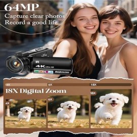 4K Video Camcorder for YouTube with 18x Zoom 3 IPS Touchscreen Night Vision Remote Control 32GB Card 2 Batteries