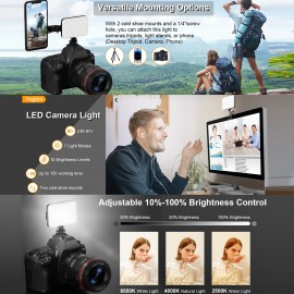 60 LED Portable Clip-On Video Light with 2200mAh Rechargeable, 7 Lighting Modes & 10-Level Dimmer, - Selfie Light for iPhone//DSLR/Action Cameras, Vlogging, YouTube Recording, Smartphones & Tablets